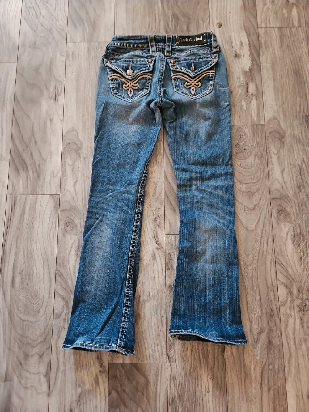 Rock Revival Blue Bootcut Jeans with Embroidered Pockets Size 26